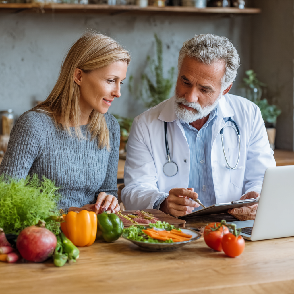 Professional nutritionist consulting mature adult about personalized meal planning